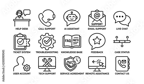 Grid of customer support icons with labels on white background