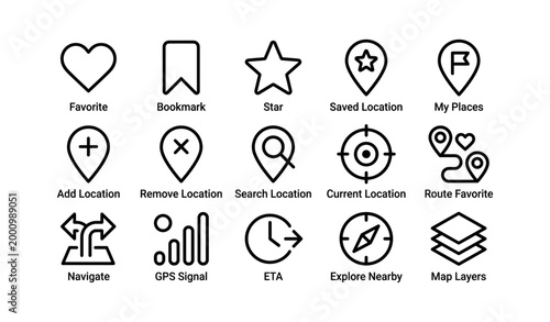 Grid of location and favorite icons with labels on white background