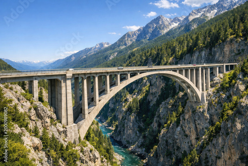 An arched bridge over a mountain gorge and a river.