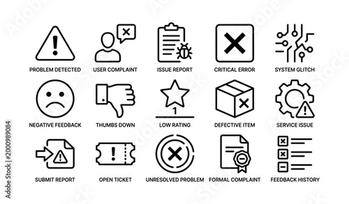 Feedback and issue icons arranged in grid on white background