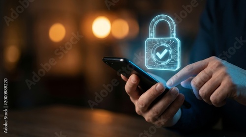 Cybersecurity and Secure Login Concept: Hands Using Smartphone with Glowing Padlock and Copy Space