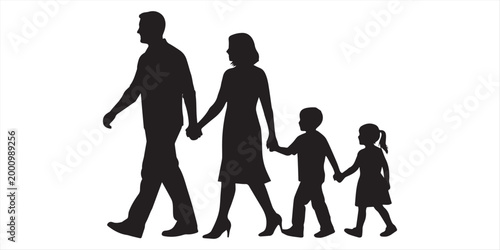 Various family silhouettes including parents, children, and dogs on white background Keywords