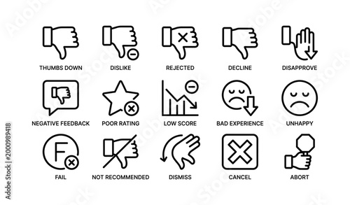 Negative feedback and dislike icons arranged on white background
