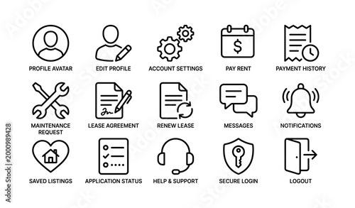 User account and rental app icons arranged on white background