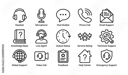 Customer support and communication icons arranged on white background