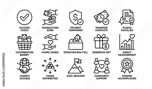 Donation success icons showing payment and impact indicators