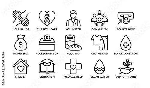 Charity and aid icons representing donation and support services