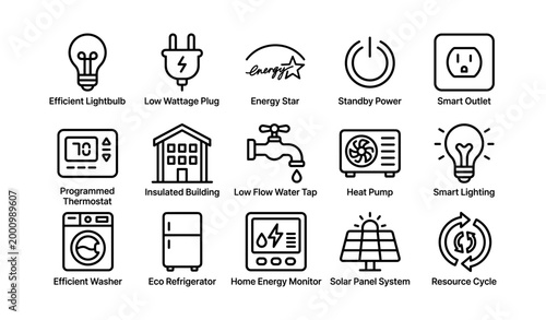 Home energy efficiency and sustainable appliance icons in grid