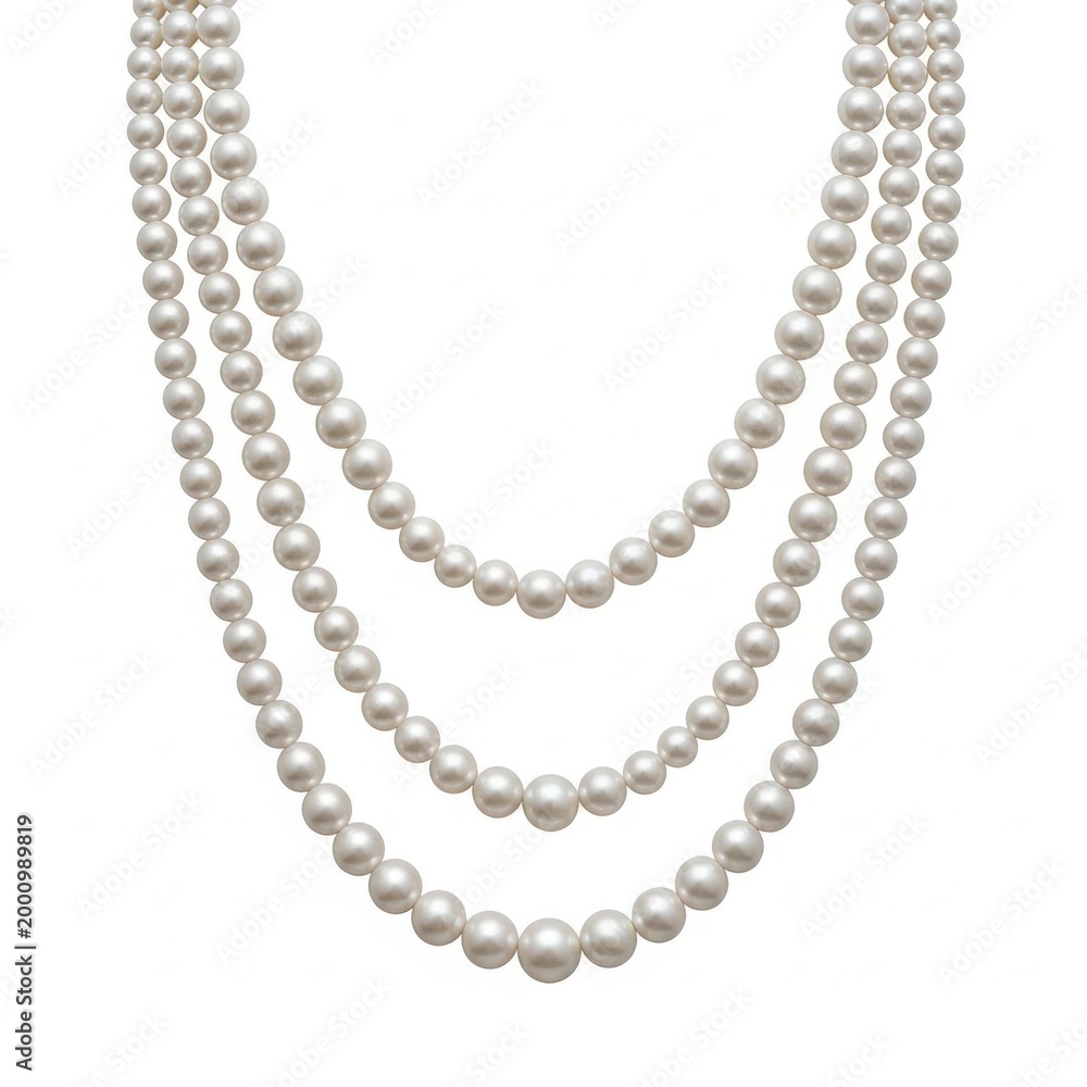 Fototapeta premium A classic three strand necklace featuring elegant white pearls arranged in a tiered design.