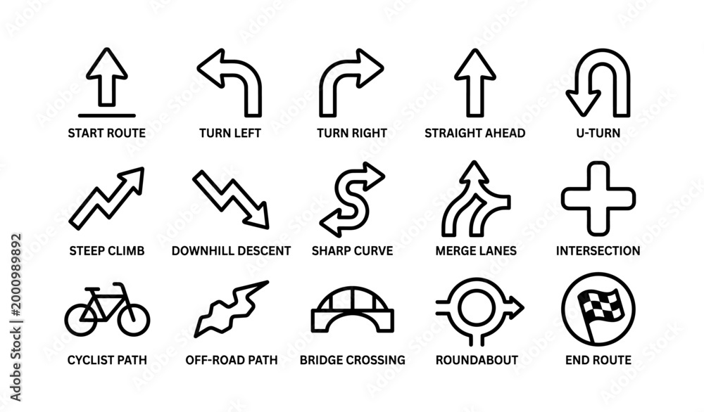 Fototapeta premium Navigation route icons showing directional symbols in labeled grid