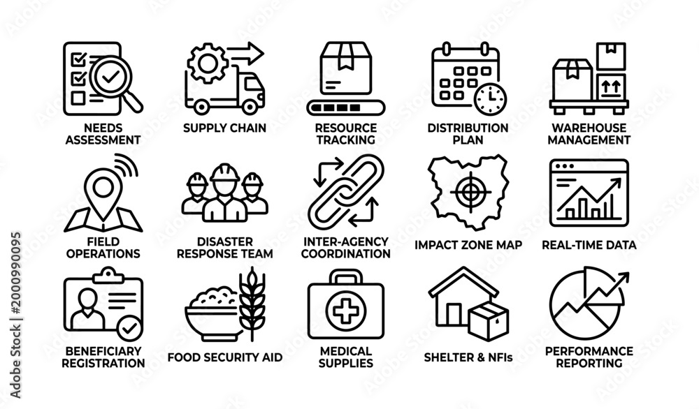 Fototapeta premium Logistics and humanitarian operation icons in grid layout