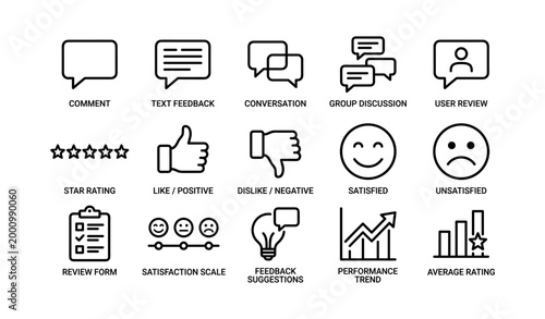 Feedback and review icon set showing ratings comments and reactions