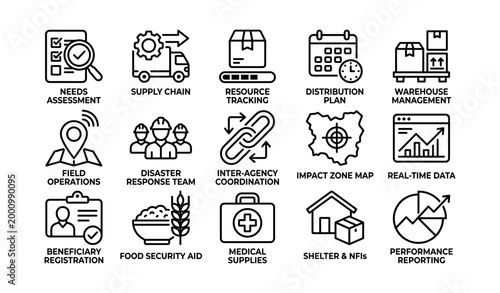 Logistics and humanitarian operation icons in grid layout