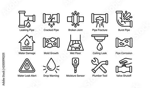 Plumbing and water leak icons showing pipe damage and warnings