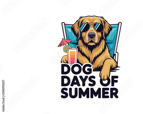Stylish “Dog Days of Summer” T-shirt design featuring a cool dog relaxing on a beach chair with sunglasses and a tropical drink. Clean background, vibrant colors, perfect for summer fashion and dog lo