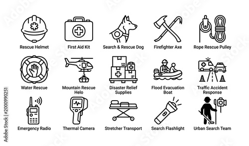 Search and rescue equipment icons displayed on white background