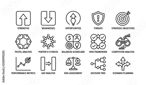 Business strategy and analysis icons arranged in grid on white background