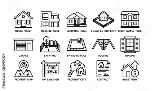 Real estate icons showing house types and property elements