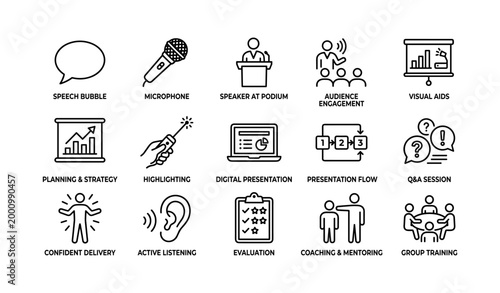 Presentation and public speaking icons arranged in grid