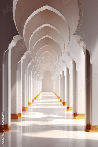 Minimal white arched corridor with soft light and long shadows; elegant architectural scene for design, branding, background use, and concepts of symmetry, depth, and calm modern space