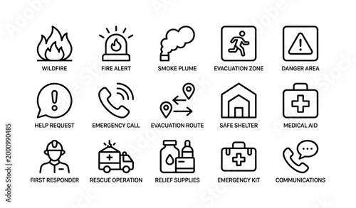 Wildfire and emergency response icons arranged in grid