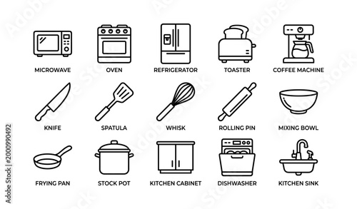 Kitchen appliance and utensil icons arranged on white background