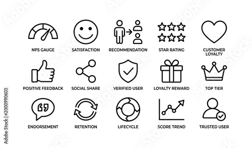 Customer loyalty and feedback icons displayed on white background