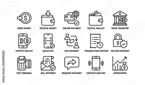 Payment and wallet icons arranged in grid on white background