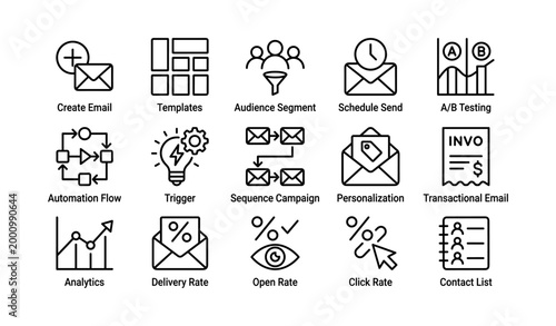 Email marketing icons illustrating campaign tools and metrics