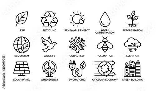 Sustainability icons representing environmental themes on white