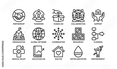 Humanitarian icons representing aid and support on white background