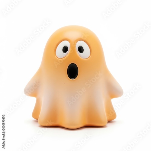 A cute peach colored cartoon ghost toy figurine with a surprised expression on white background.