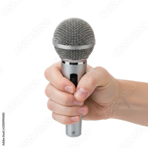 A person holding a professional silver handheld microphone isolated against a solid white background