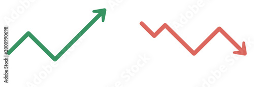 Simple green upward and red downward trend line graphs indicating financial growth and loss