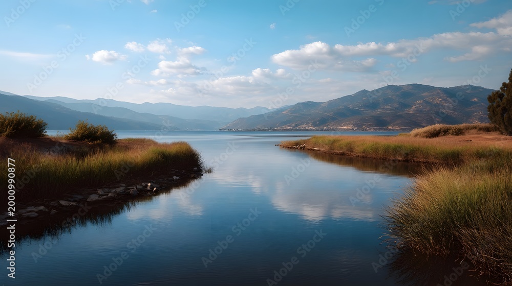 Fototapeta premium Calm water reflects majestic mountains and a bright blue sky at the peaceful river bend