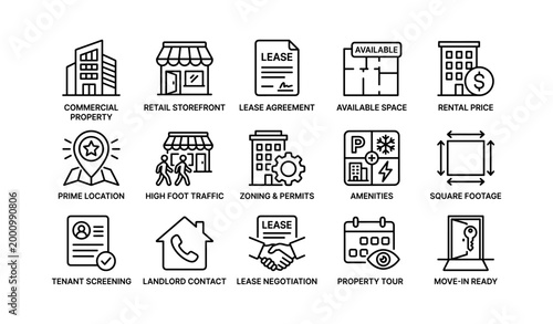 Commercial property and leasing icons grid showing rental concepts