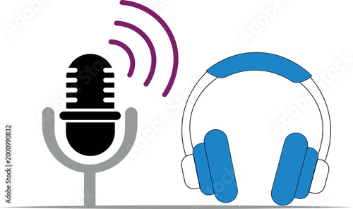 Audio streaming and voice recording concept with microphone sound waves and headphones representing podcast communication broadcasting and digital media technology