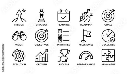 Business strategy icons in grid on white background