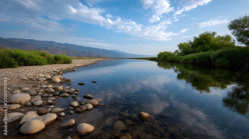 Fototapeta premium Calm river reflecting a clear blue sky and distant mountain range under bright daylight