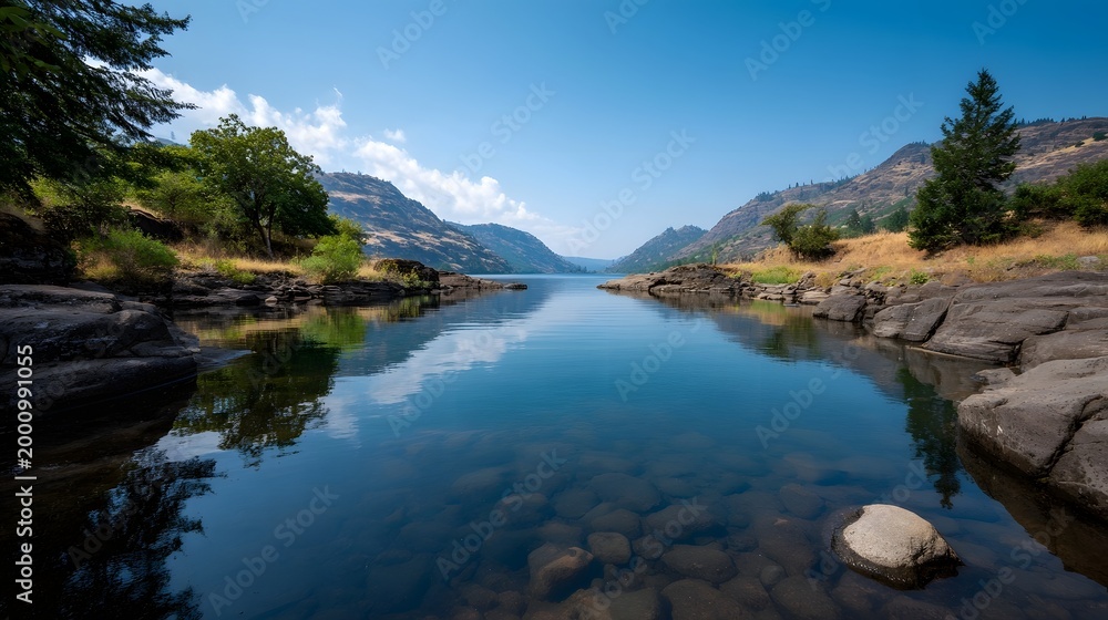 Obraz premium A tranquil expansive river reflects the brilliant blue sky and lush surrounding mountains