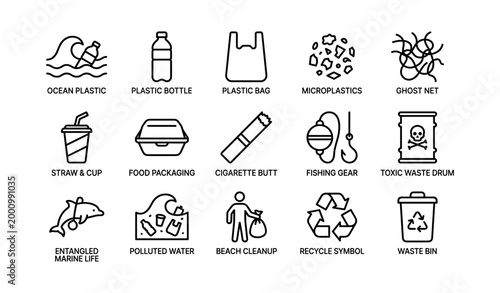 Icons of marine plastic pollution items and cleanup