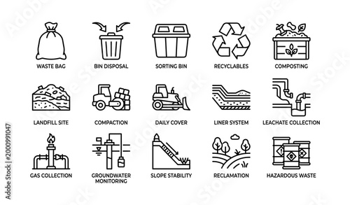 Waste management icons representing landfill and recycling on white