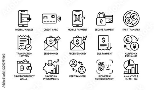Payment and finance icons showing mobile transactions on white