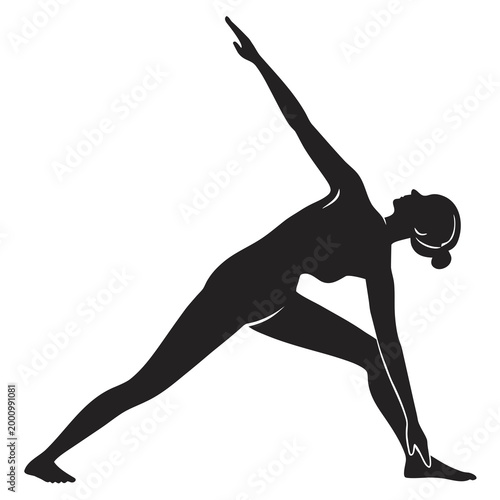Silhouette of a woman in triangle yoga pose with silhouette triangle wellness