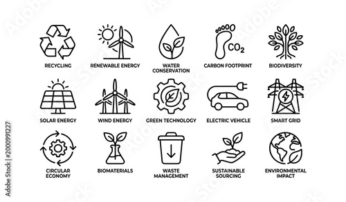 Sustainability and energy icons displayed in grid on white
