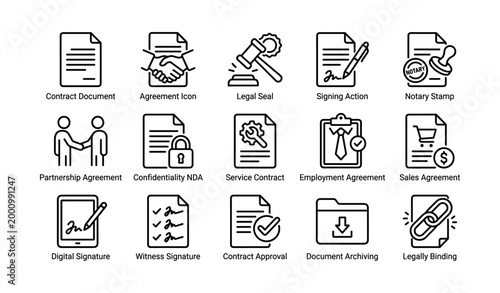 Contract icons representing agreements and document actions on white
