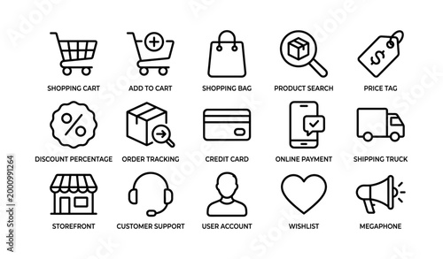 Ecommerce icons for shopping and payment on white background