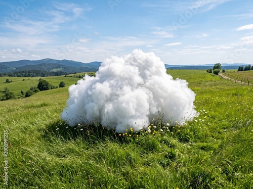 A surreal white fluffy cloud sits on a sunny green meadow surrounded by wildflowers, rolling hills and distant mountains under a blue sky, creating a dreamy and imaginative nature scene.