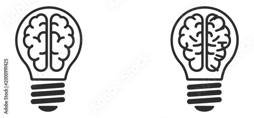 Brain inside light bulb icon set design, innovation and creativity idea generation and problem solving symbol, knowledge and inspiration lamp, modern flat style vector