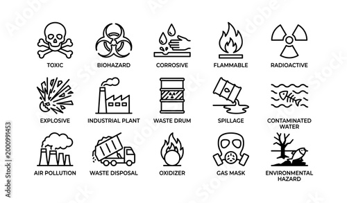 Hazardous material safety icons arranged in grid on white background